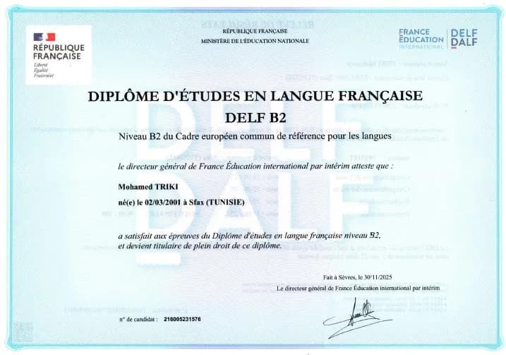 DELF B2 French Language Studies Diploma