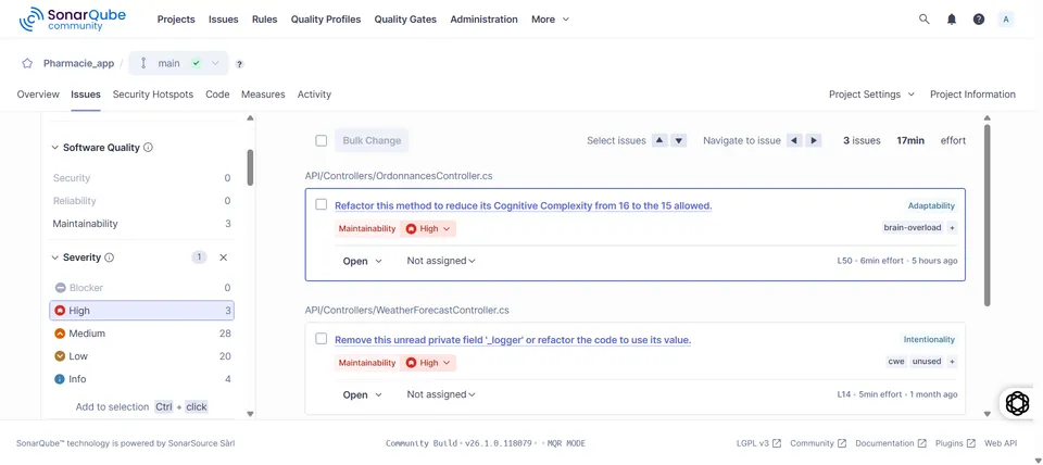 عرض مشكلات SonarQube لتطبيق الصيدلية