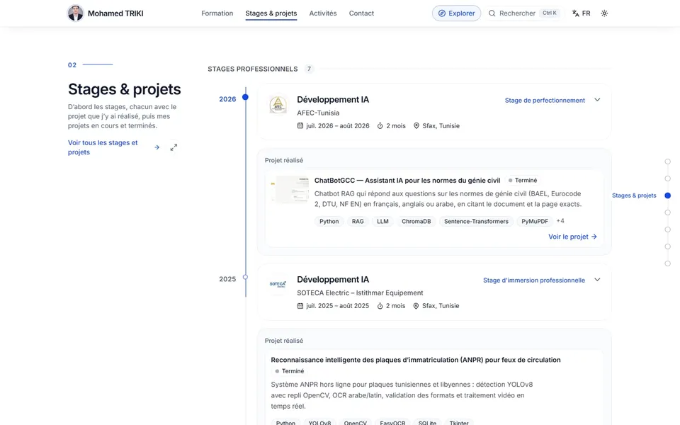 Internships and projects section: timeline of internships with their delivered projects