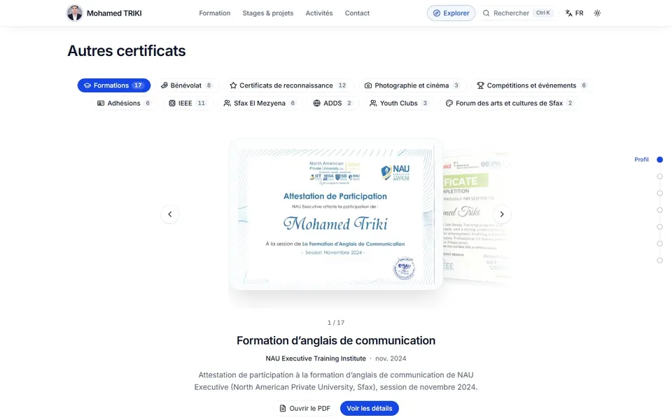 Certificates section: categories bar and certificate gallery